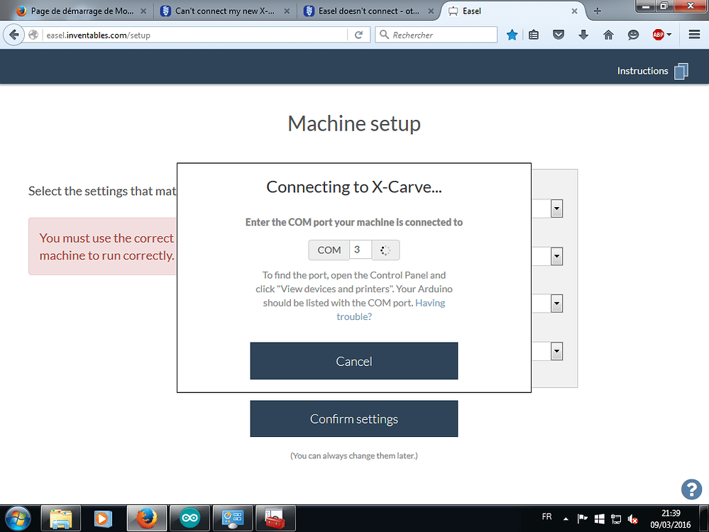 Can't connect my new XCarve for Machine Setup Easel Inventables